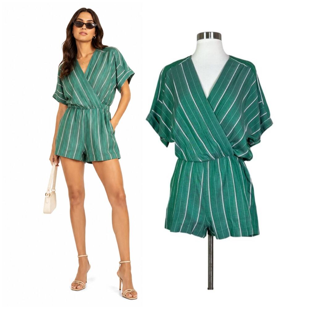 Maje | Ipandoni Green Striped Short Sleeve V Neck Romper $340 Women's 36 Small